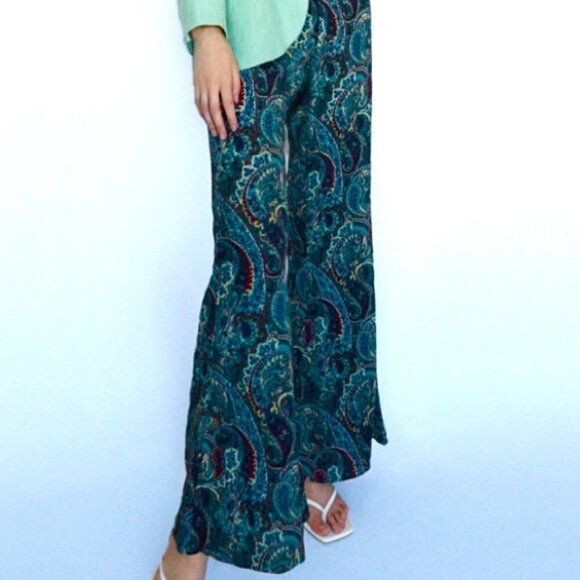 Zara Printed Flared High Waisted Green Paisley Pants NWT Size Small - Picture 9 of 16
